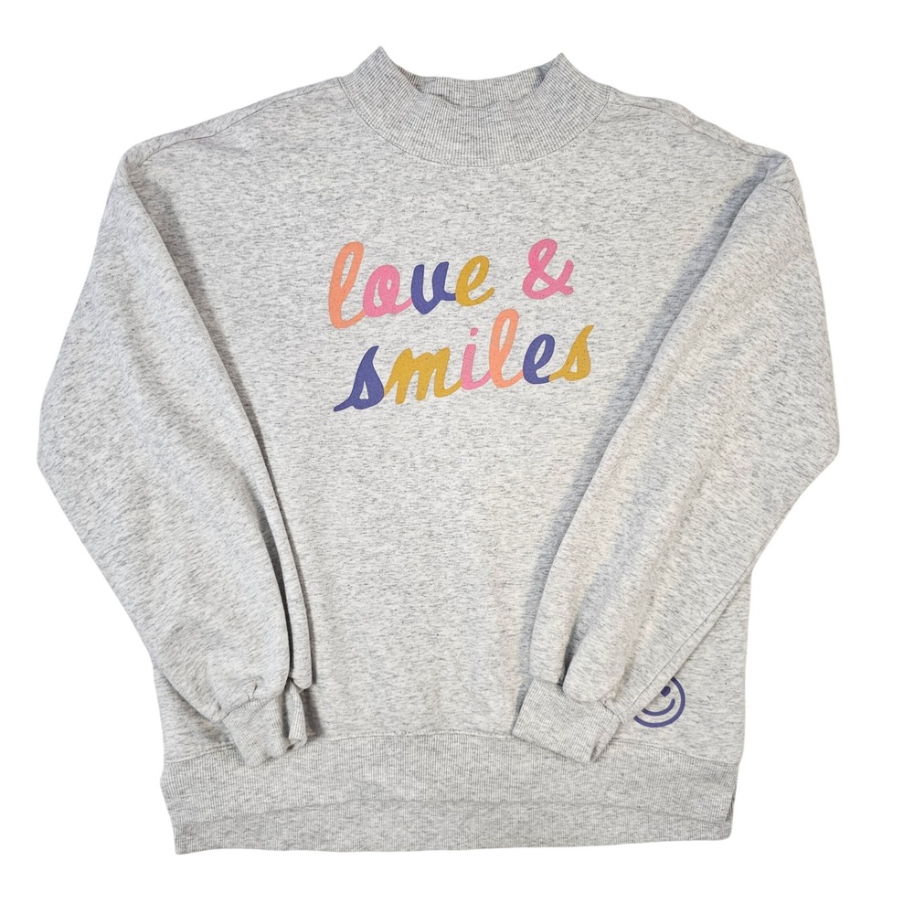 Old Navy Girls Gray Love & Smiles Graphic Mock Neck Sweatshirt Size L 10-12